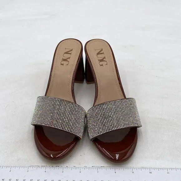 Women Comfy Open Toe Rhinestones Slip On Mule Sandals Mid Chunky Heel Slide Slip
