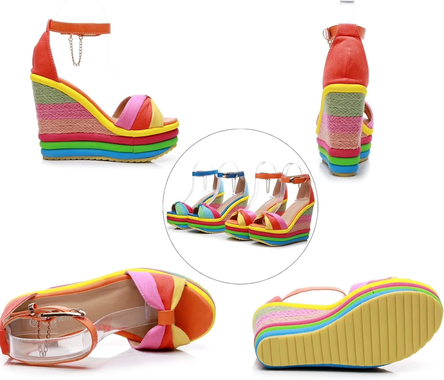 Women Straw Super High Heel Rainbow Sandals,Fish Mouth Wedge Roman Y2K Gladiator Sandal,Adjustable Ankle Strap Stitching Espadrilles Non-Slip Platform Candy Color Party Dress Shoes