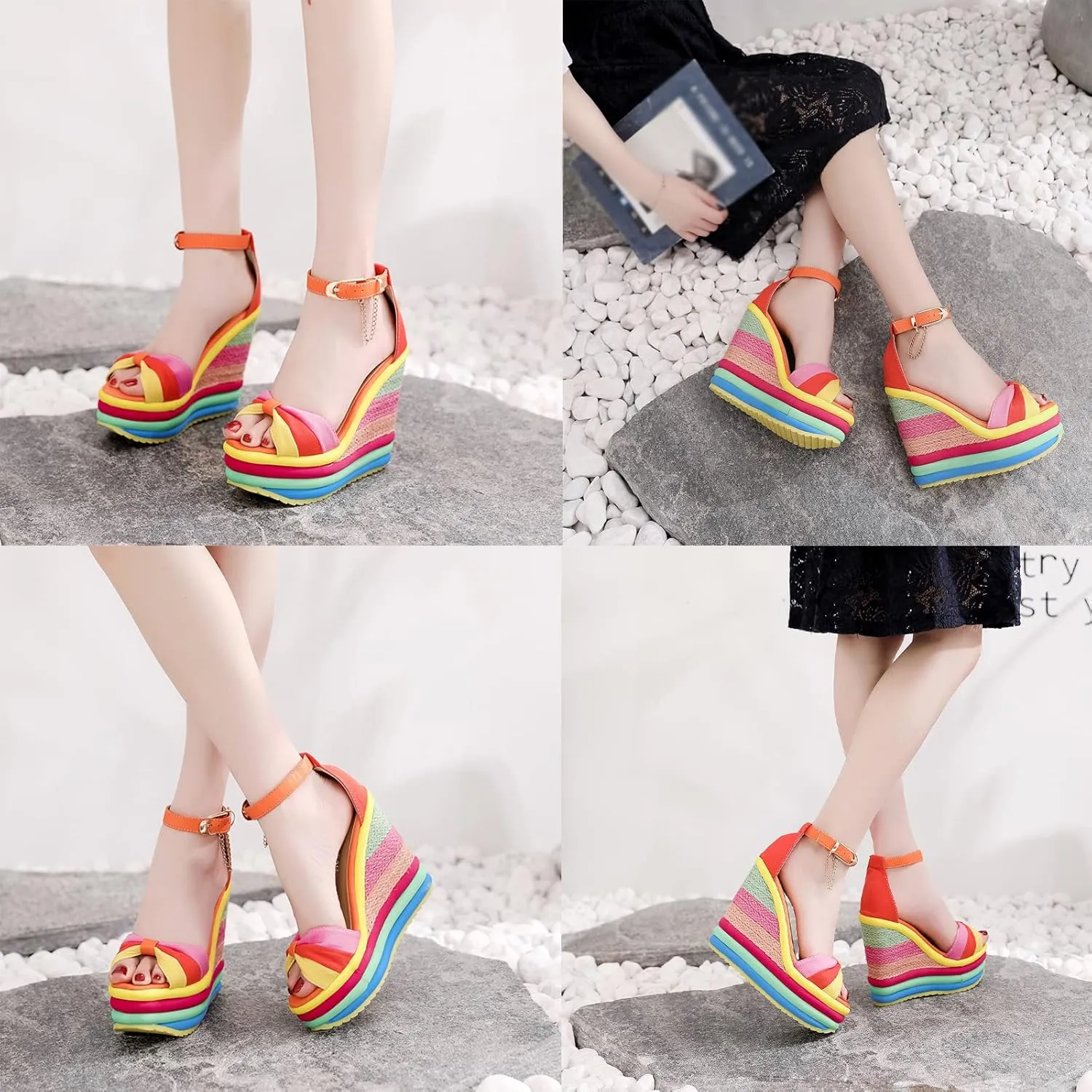 Women Straw Super High Heel Rainbow Sandals,Fish Mouth Wedge Roman Y2K Gladiator Sandal,Adjustable Ankle Strap Stitching Espadrilles Non-Slip Platform Candy Color Party Dress Shoes