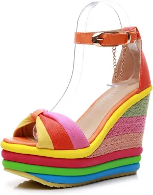 Women Straw Super High Heel Rainbow Sandals,Fish Mouth Wedge Roman Y2K Gladiator Sandal,Adjustable Ankle Strap Stitching Espadrilles Non-Slip Platform Candy Color Party Dress Shoes