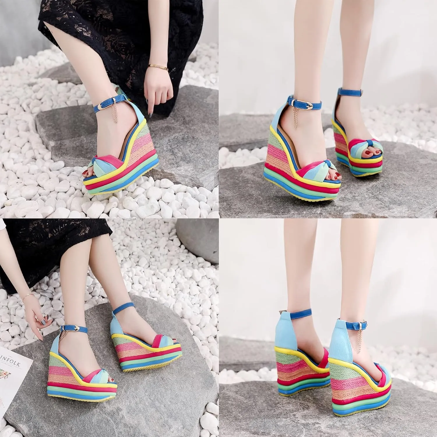 Women Straw Super High Heel Rainbow Sandals,Fish Mouth Wedge Roman Y2K Gladiator Sandal,Adjustable Ankle Strap Stitching Espadrilles Non-Slip Platform Candy Color Party Dress Shoes