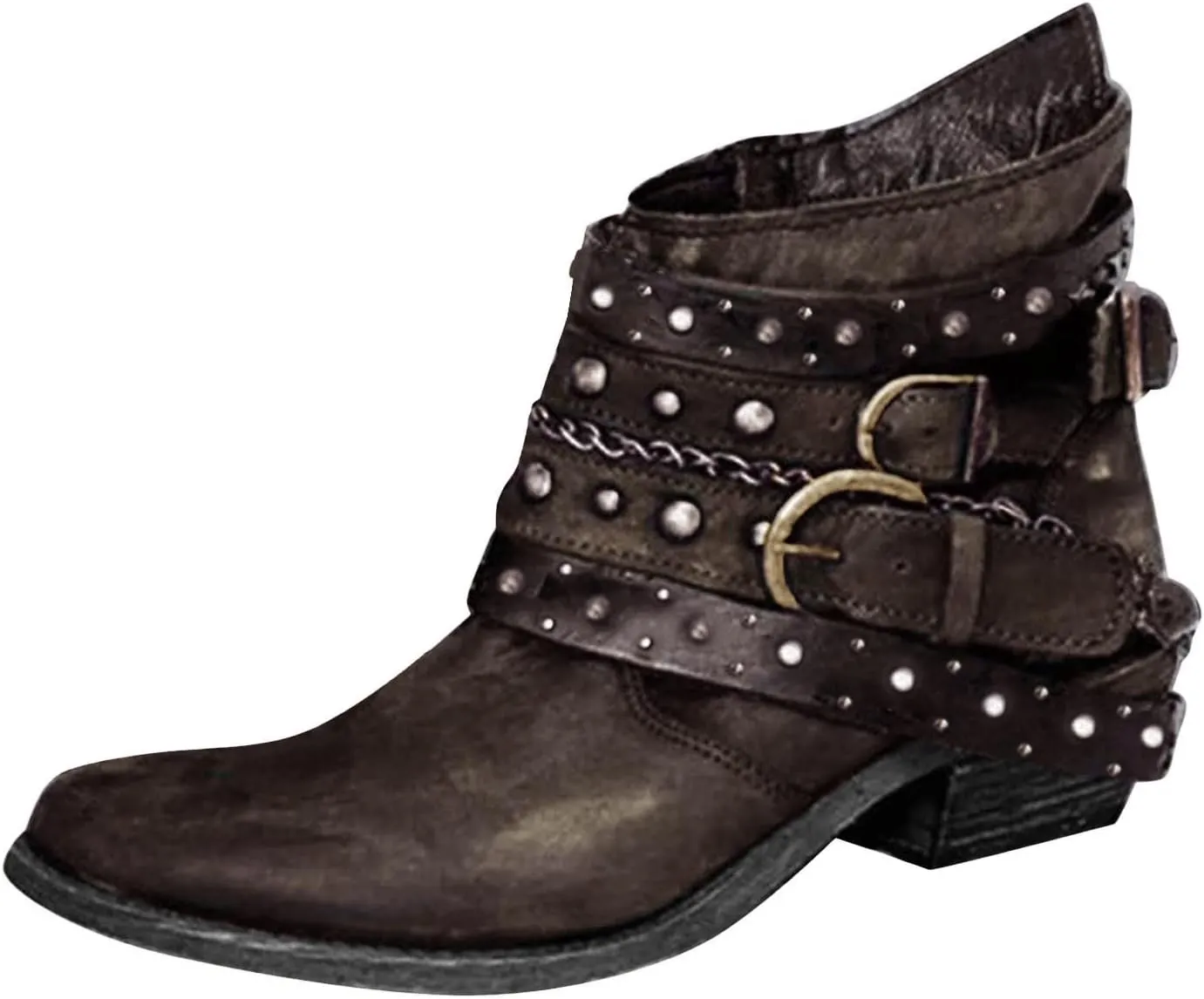Womens Ankle Boots Vintage Casual Studded Punk Motorcycle Boots for Women Chunky Heel Buckle Strap Women Boots