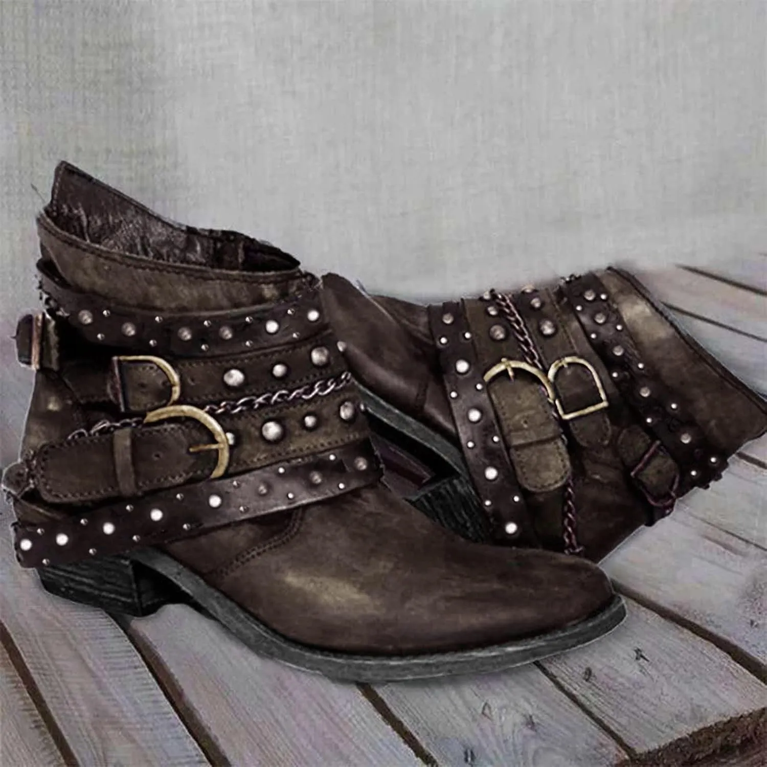 Womens Ankle Boots Vintage Casual Studded Punk Motorcycle Boots for Women Chunky Heel Buckle Strap Women Boots
