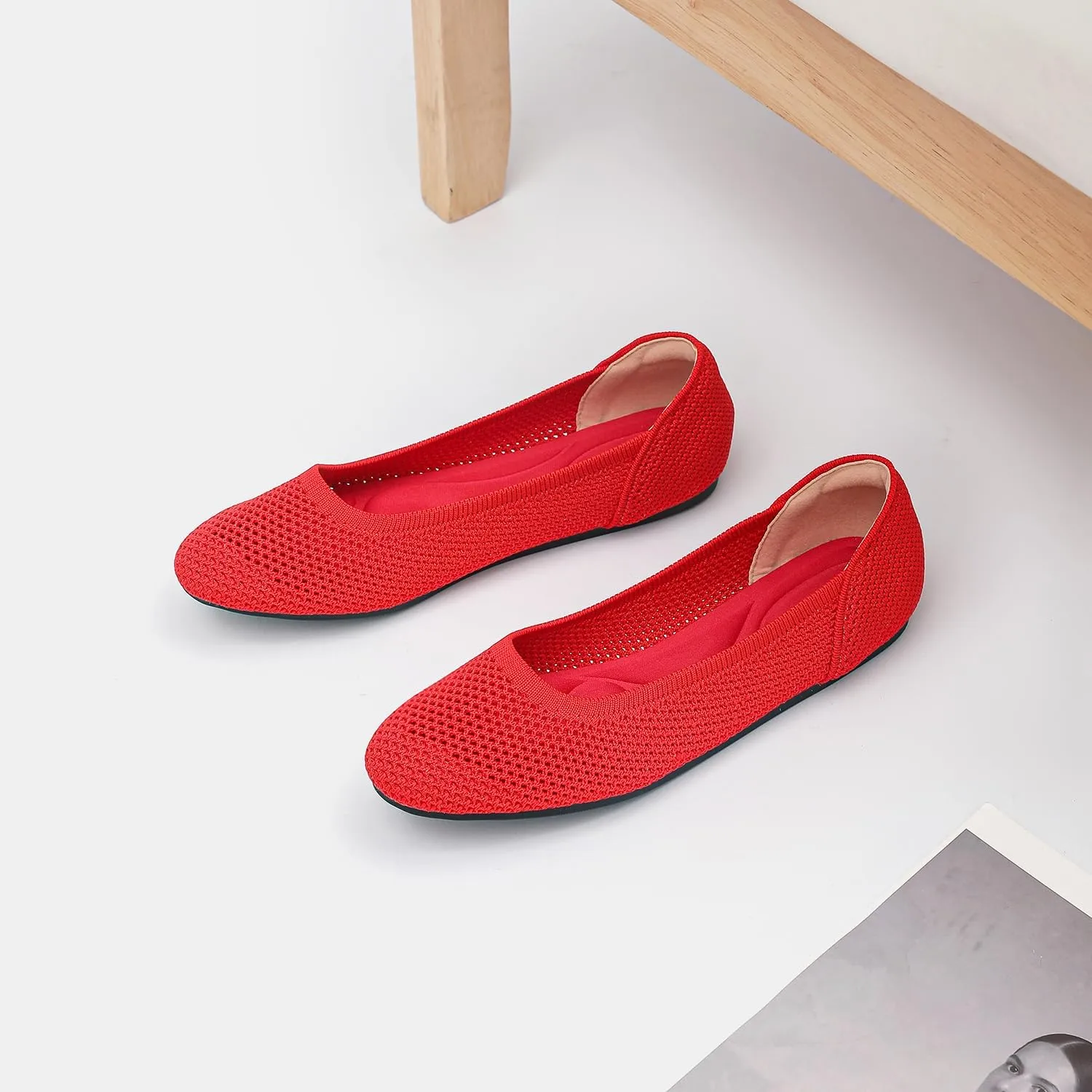 Women’s Ballet Flat Shoes Knit Dress Round Toe Slip On Breathable Classic Hollowed Out Walking Comfortable Casual Soft Shoes