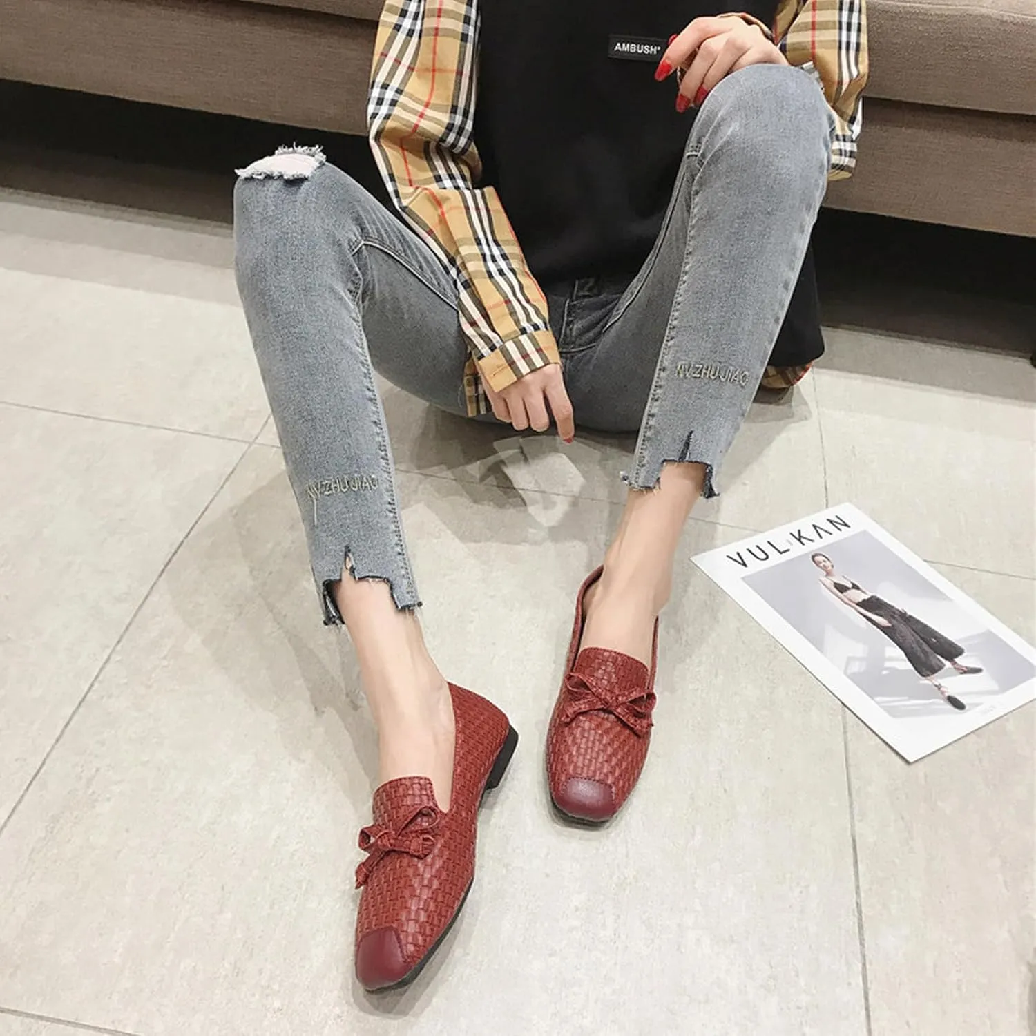 Women's Braided Leather Bow Flat Dress Loafers Comfortable Soft Non-Slip Lightweight Work Shoe Slip-On Anti-Collision Toe Casual Driving Shoes