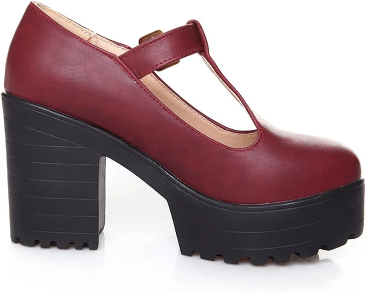 Women's Classic Platform Oxford Pumps T-Strap Chunky High Heel Fashion PU Leather Round Toe Dress Shoes