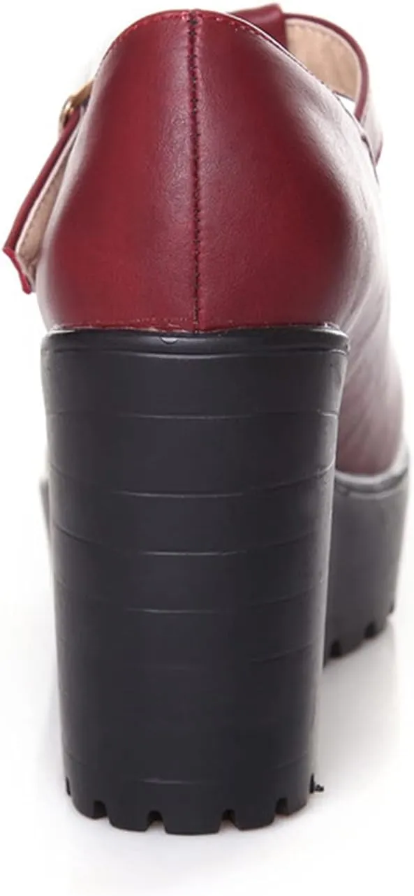 Women's Classic Platform Oxford Pumps T-Strap Chunky High Heel Fashion PU Leather Round Toe Dress Shoes