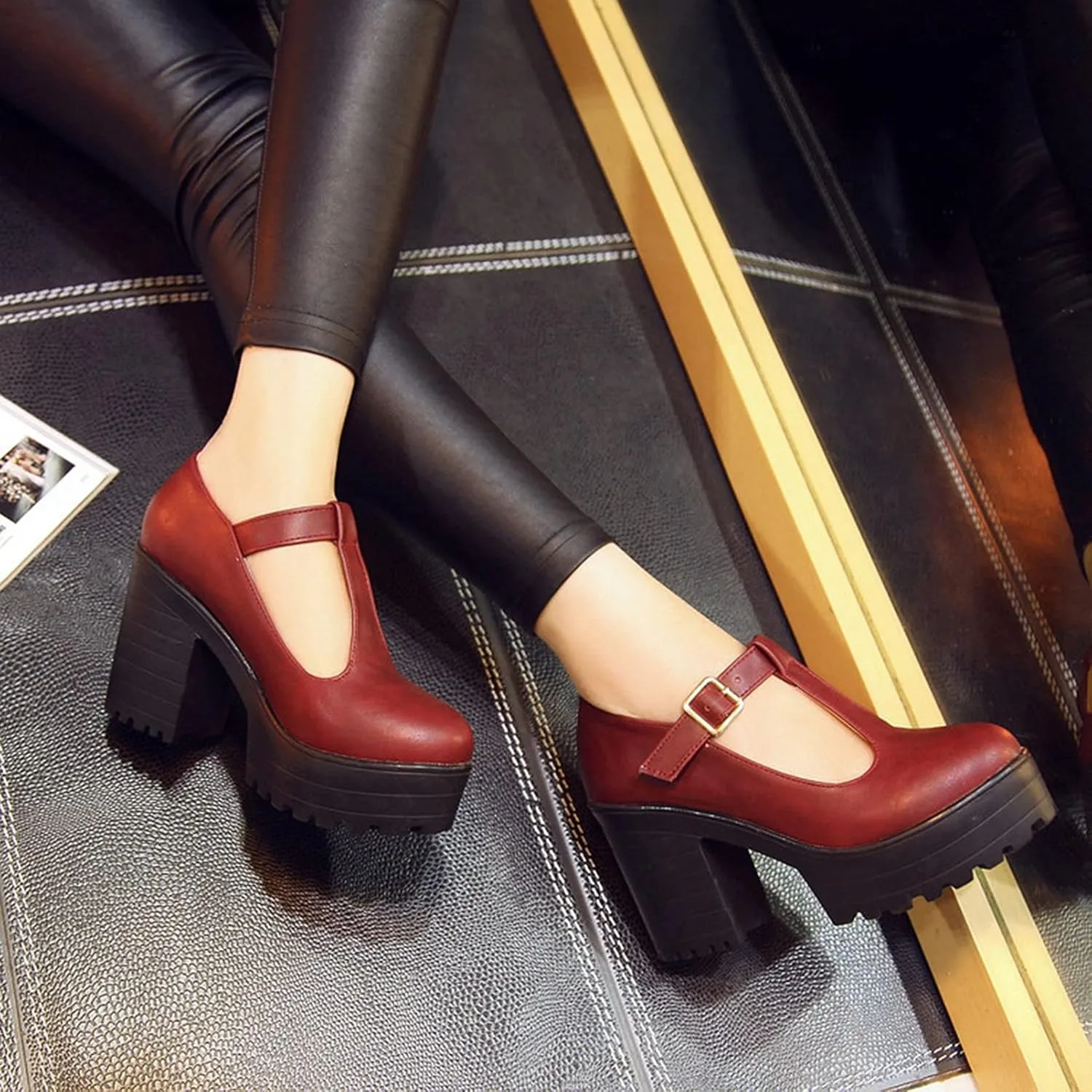 Women's Classic Platform Oxford Pumps T-Strap Chunky High Heel Fashion PU Leather Round Toe Dress Shoes