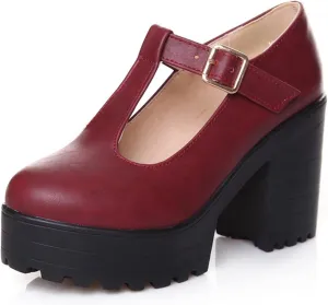 Women's Classic Platform Oxford Pumps T-Strap Chunky High Heel Fashion PU Leather Round Toe Dress Shoes