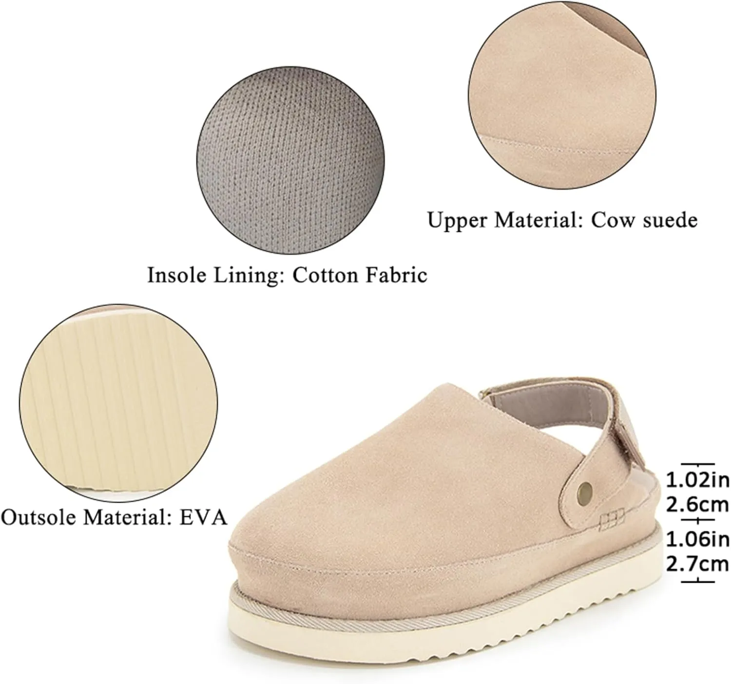 Women's Clogs Slippers Platform Suede Mules & Clogs Adjustable Strap Slip-on Shoes Sandals Indoor/Outdoor Anti-Slip Sole Arch Support