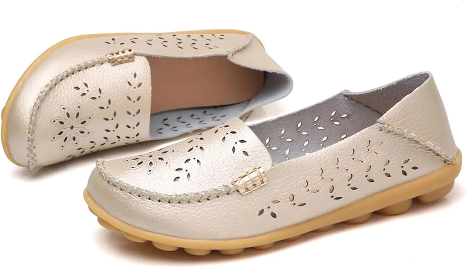 Women's Cowhide Leather Shoes Loafers Flats Sandals Slip-On Cutout Orthopedic Breathable Comfortable Hollow Soft Summer Casual Leather, Loafer Fashion Slip On Walking Round Toe Nurse Driving Shoes