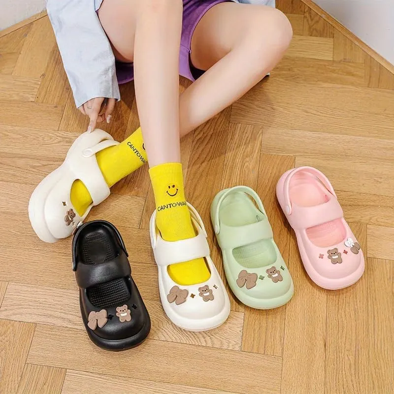 Women's Cute Bear Clogs, Round Toe Cut-Out Slip On EVA Slide Sandals, Casual Outdoor Beach Shoes