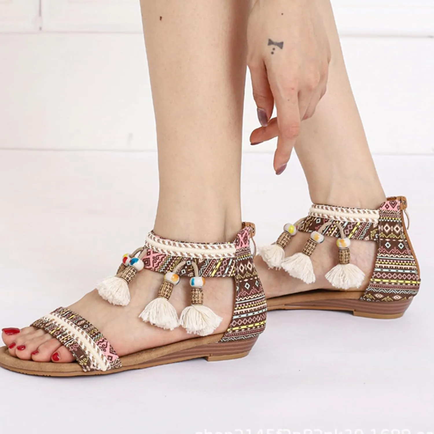 Womens Flat Sandals Bohemian Ethnic Style Dressy Sandals, Summer One Band Ankle Strap Flat Shoes Casual Comfortable Vintage Flats with Zipper