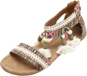 Womens Flat Sandals Bohemian Ethnic Style Dressy Sandals, Summer One Band Ankle Strap Flat Shoes Casual Comfortable Vintage Flats with Zipper