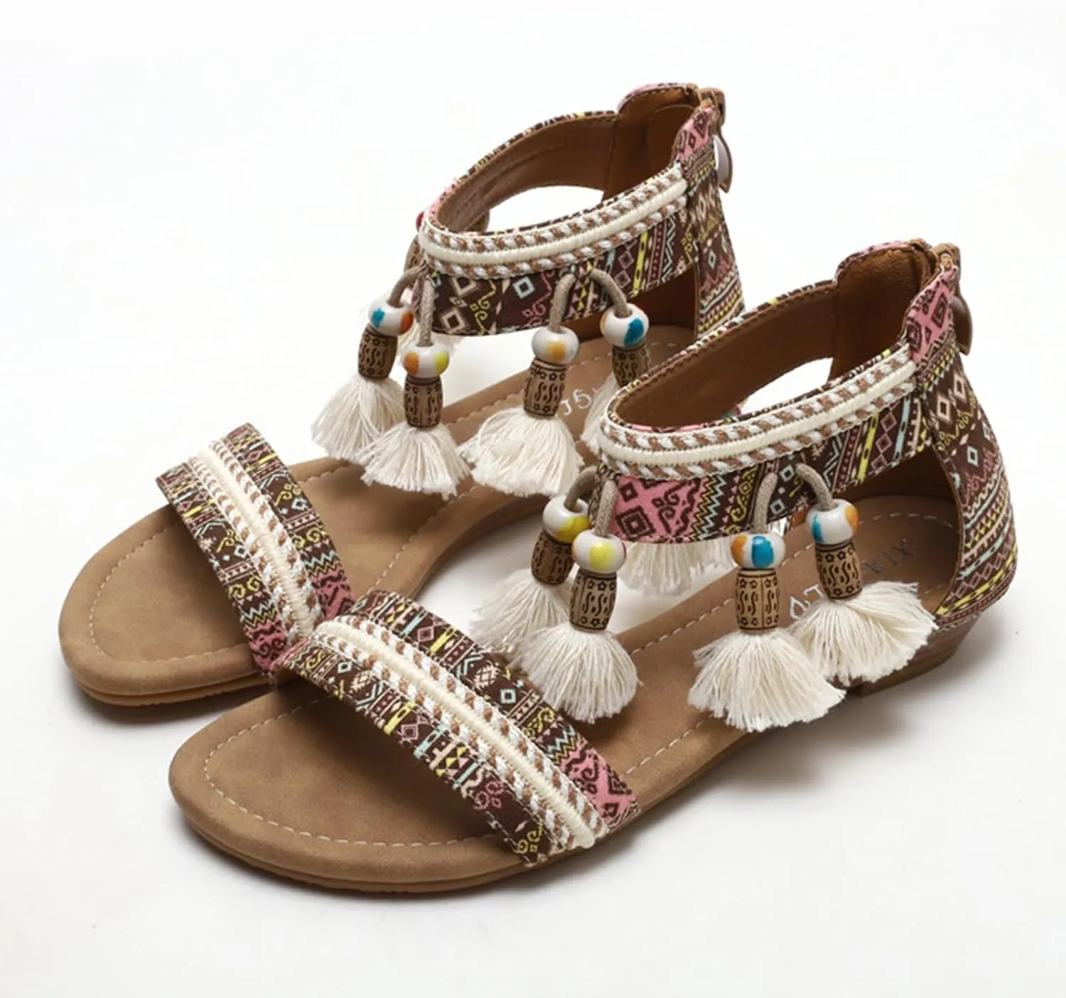 Womens Flat Sandals Bohemian Ethnic Style Dressy Sandals, Summer One Band Ankle Strap Flat Shoes Casual Comfortable Vintage Flats with Zipper