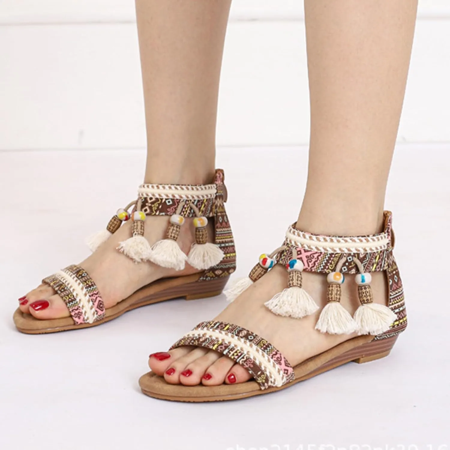 Womens Flat Sandals Bohemian Ethnic Style Dressy Sandals, Summer One Band Ankle Strap Flat Shoes Casual Comfortable Vintage Flats with Zipper