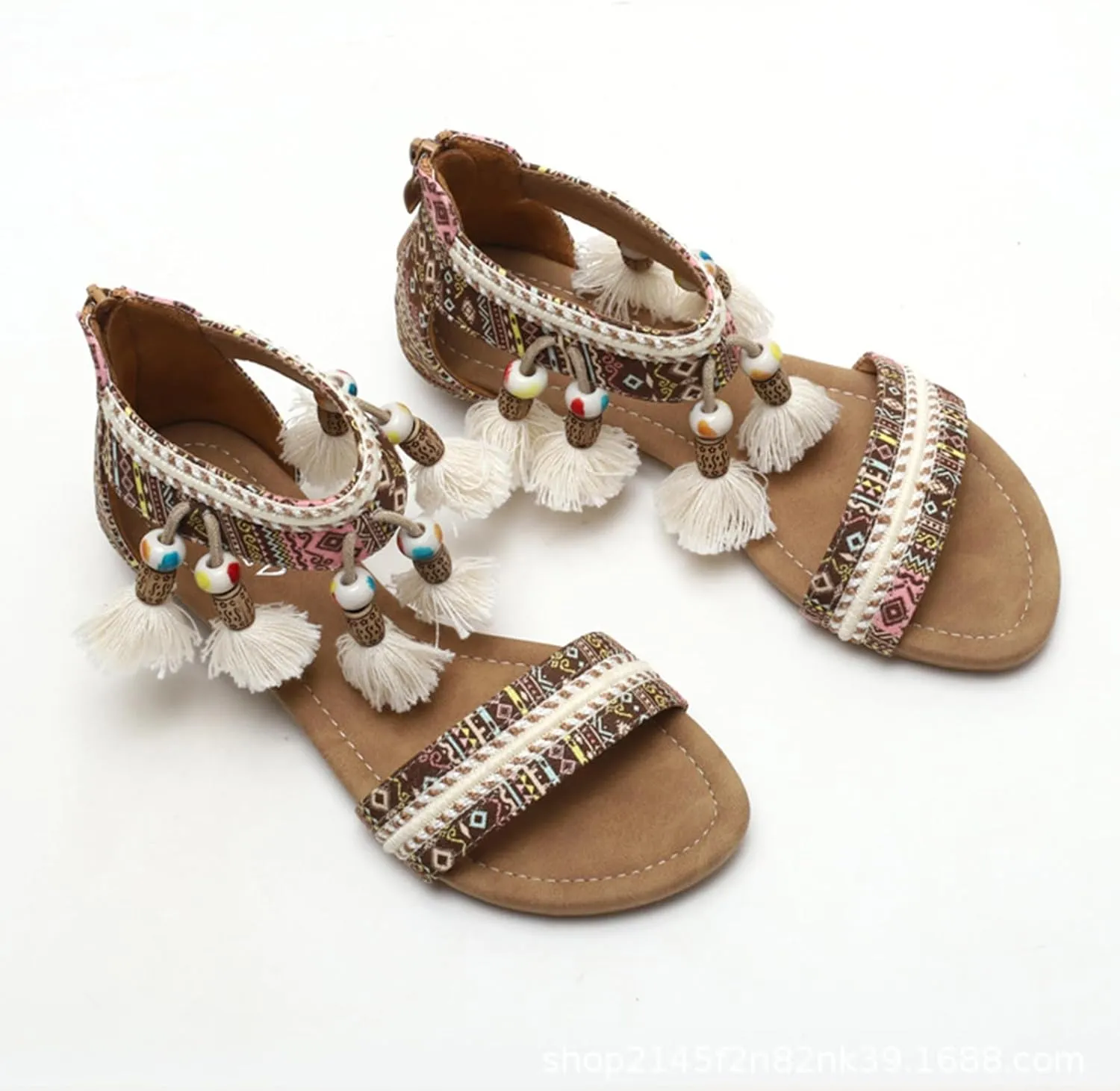 Womens Flat Sandals Bohemian Ethnic Style Dressy Sandals, Summer One Band Ankle Strap Flat Shoes Casual Comfortable Vintage Flats with Zipper