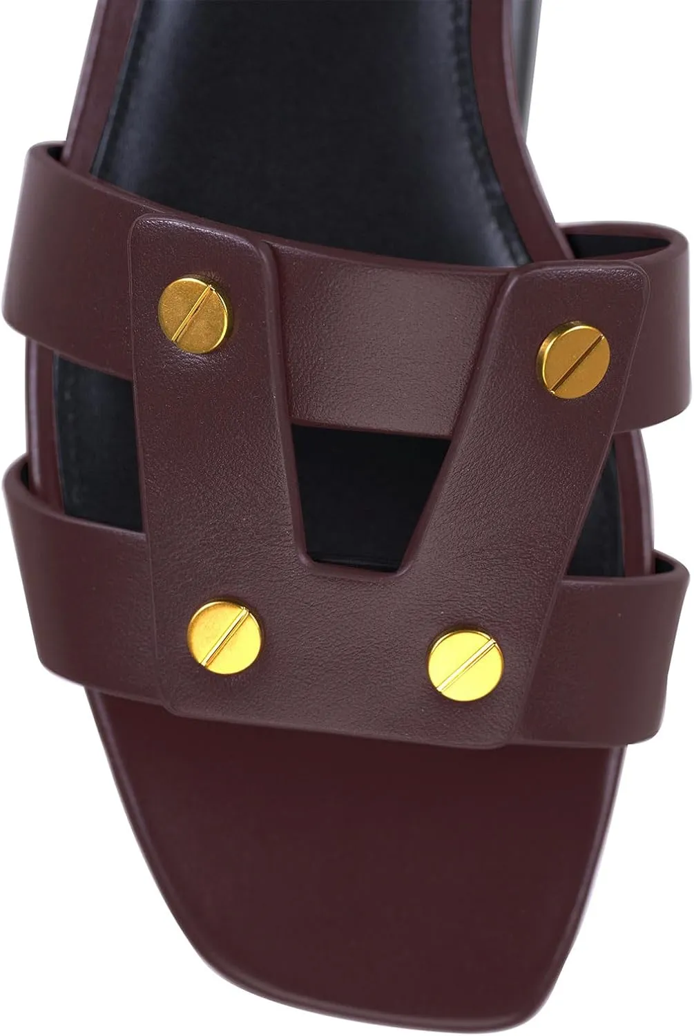 Women's Flat Square Open Toe with Gold Rivet Accents Slide Sandals Comfortable Slip On Flat Mule Sandals Summer Prom Party Flat Sandals for Women
