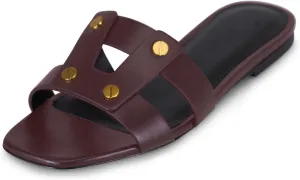 Women's Flat Square Open Toe with Gold Rivet Accents Slide Sandals Comfortable Slip On Flat Mule Sandals Summer Prom Party Flat Sandals for Women