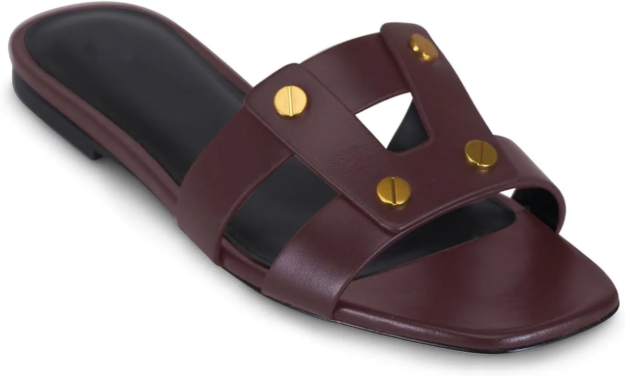 Women's Flat Square Open Toe with Gold Rivet Accents Slide Sandals Comfortable Slip On Flat Mule Sandals Summer Prom Party Flat Sandals for Women