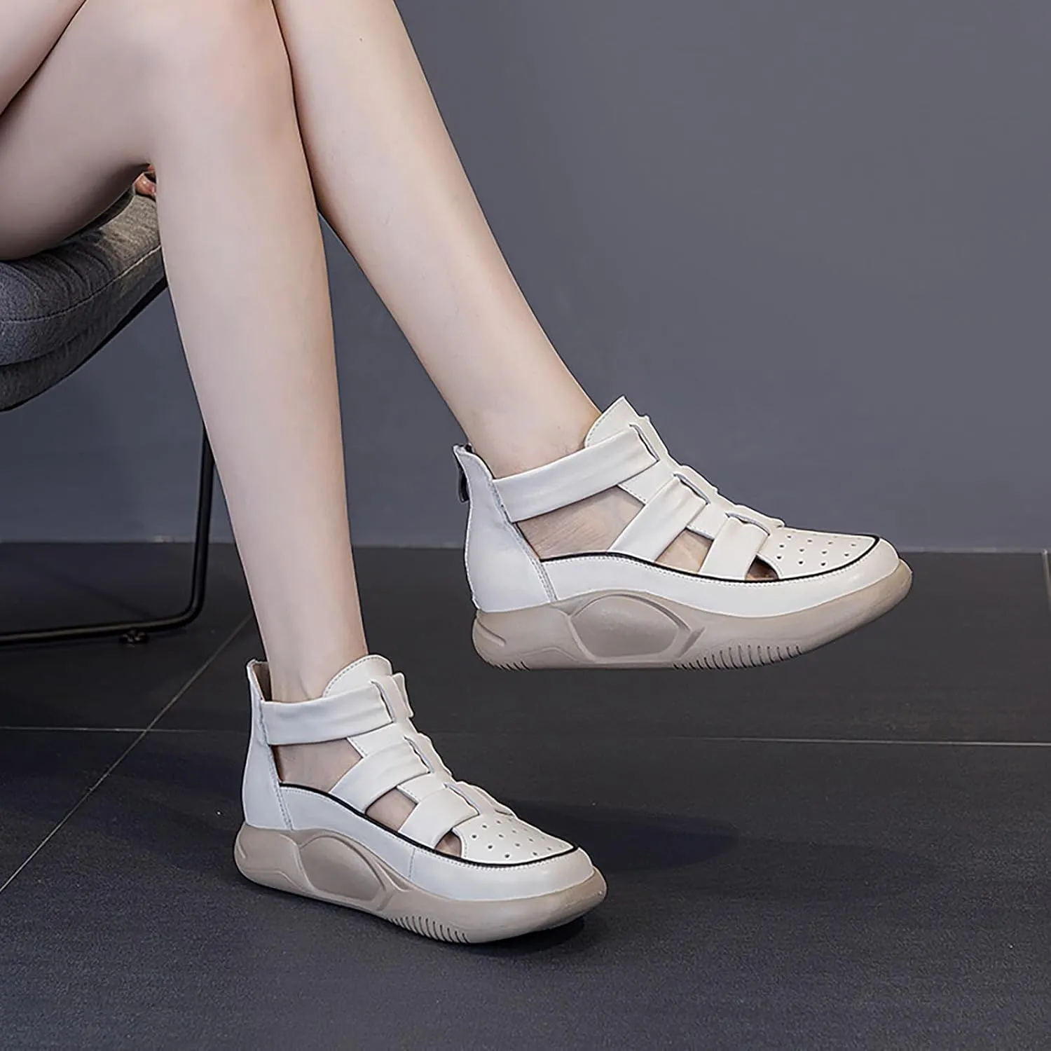Women'S Genuine Leathe Braided Cut Out Thick Sole Fisherman Sandals With Adjustable Back ZipSummer Closed Toe platform high top Outdoor Anti-Slip Gladiator Sandal