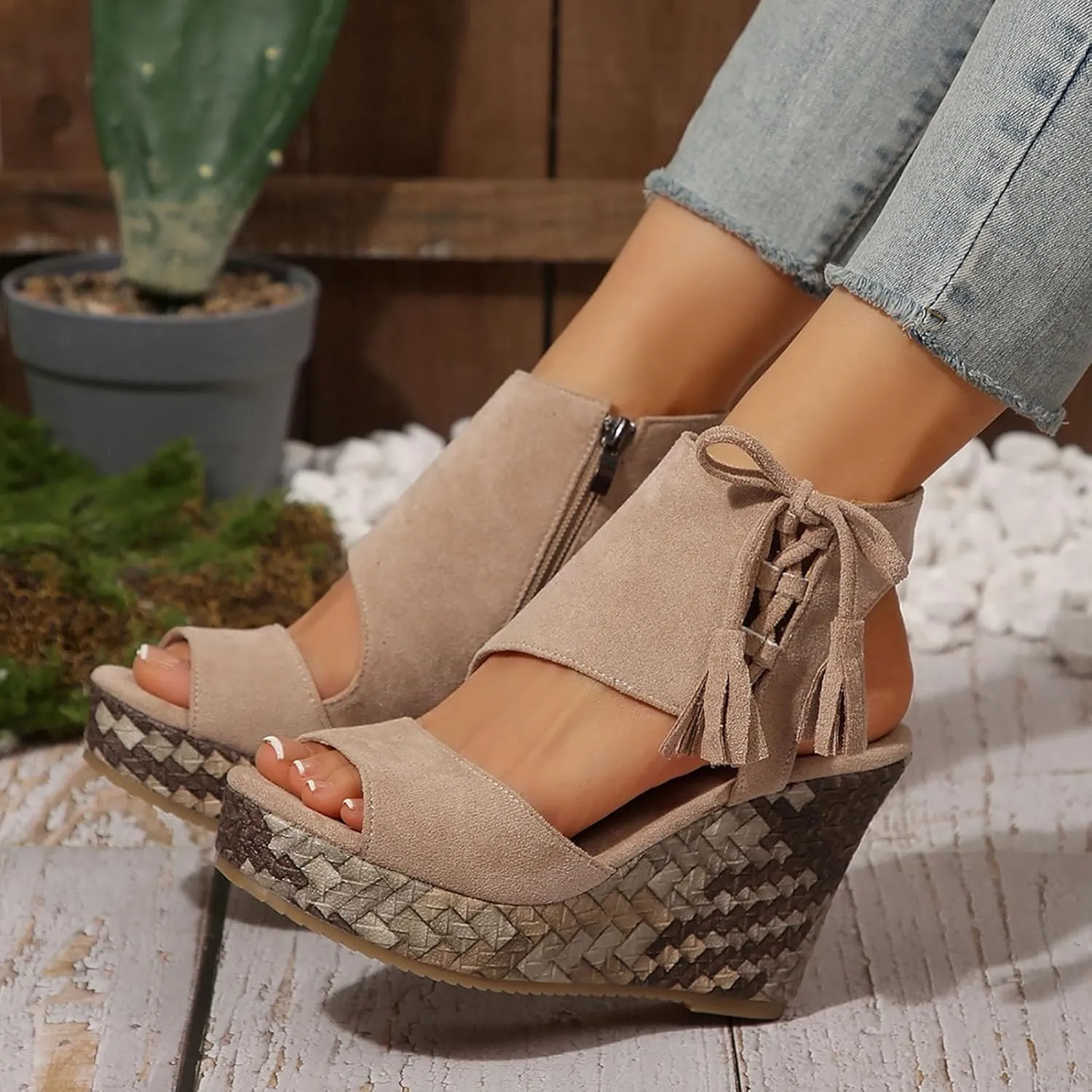 Women's High Wedge Sandals Open Toe Espadrilles Sandals Comfortable Dressy Ankle Strap Platform Sandals Suitable Boho Beach Summer Shoes Sandals Comfortable Casual Shoes (Beige, 9.5)