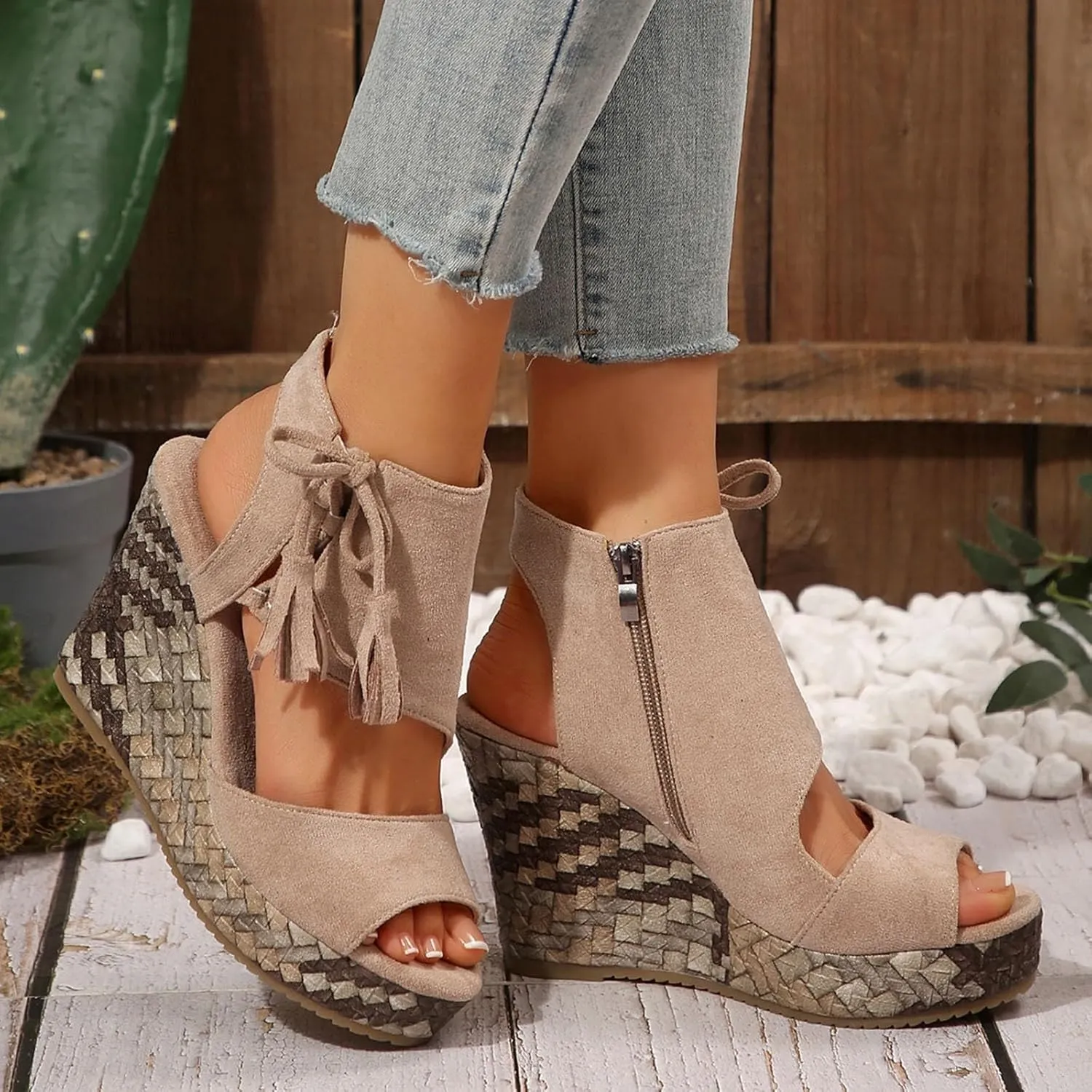 Women's High Wedge Sandals Open Toe Espadrilles Sandals Comfortable Dressy Ankle Strap Platform Sandals Suitable Boho Beach Summer Shoes Sandals Comfortable Casual Shoes (Beige, 9.5)