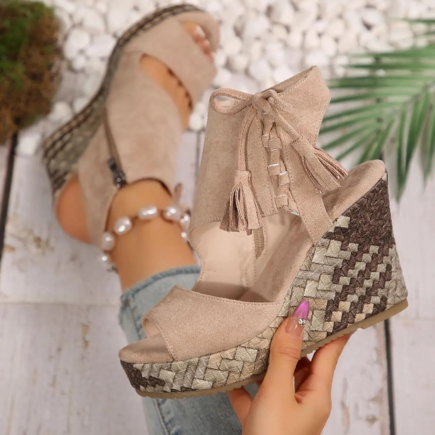 Women's High Wedge Sandals Open Toe Espadrilles Sandals Comfortable Dressy Ankle Strap Platform Sandals Suitable Boho Beach Summer Shoes Sandals Comfortable Casual Shoes (Beige, 9.5)