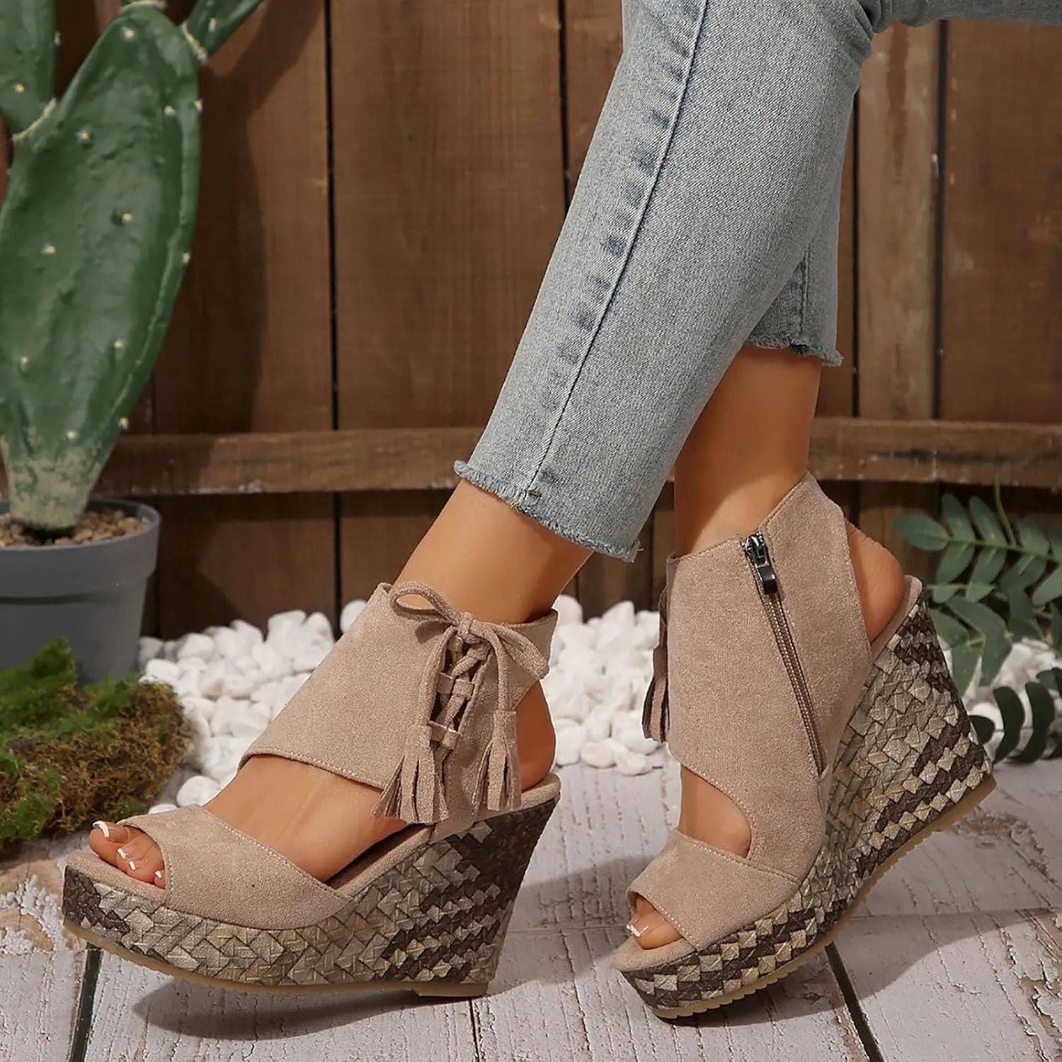 Women's High Wedge Sandals Open Toe Espadrilles Sandals Comfortable Dressy Ankle Strap Platform Sandals Suitable Boho Beach Summer Shoes Sandals Comfortable Casual Shoes (Beige, 9.5)