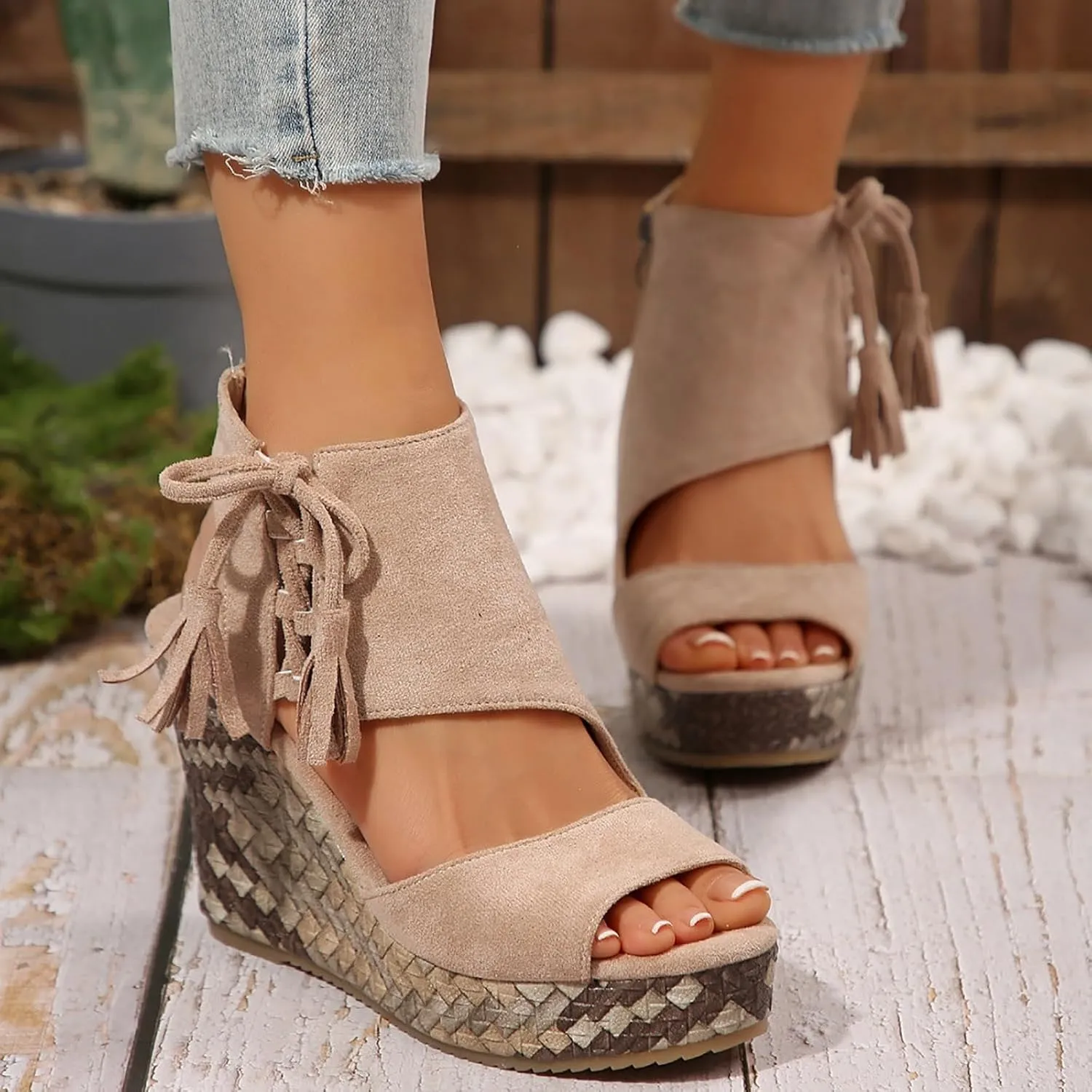Women's High Wedge Sandals Open Toe Espadrilles Sandals Comfortable Dressy Ankle Strap Platform Sandals Suitable Boho Beach Summer Shoes Sandals Comfortable Casual Shoes (Beige, 9.5)