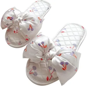 Women's House Slippers With Cherry Embroidery Sandals Cute Bow Flat Slippers For Home Bedroom Indoor Party Travel Use