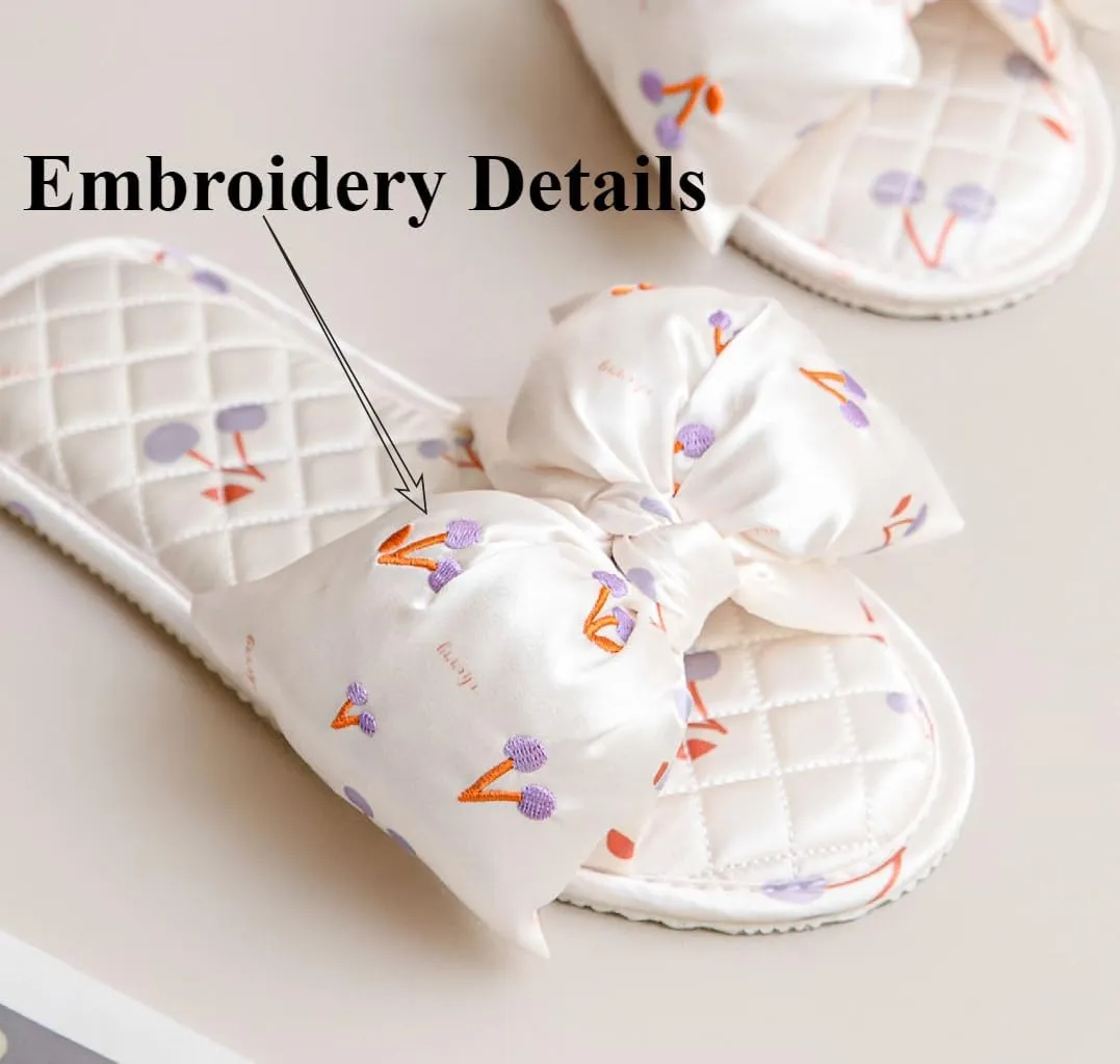 Women's House Slippers With Cherry Embroidery Sandals Cute Bow Flat Slippers For Home Bedroom Indoor Party Travel Use