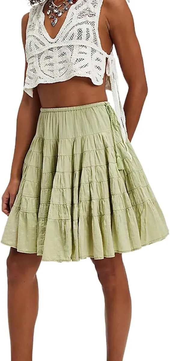 Womens Knee Length Skirts Boho Y2k Going Out Streetwear Lace Teen Girls Flowy Pleated A Line Short Layered Skirt