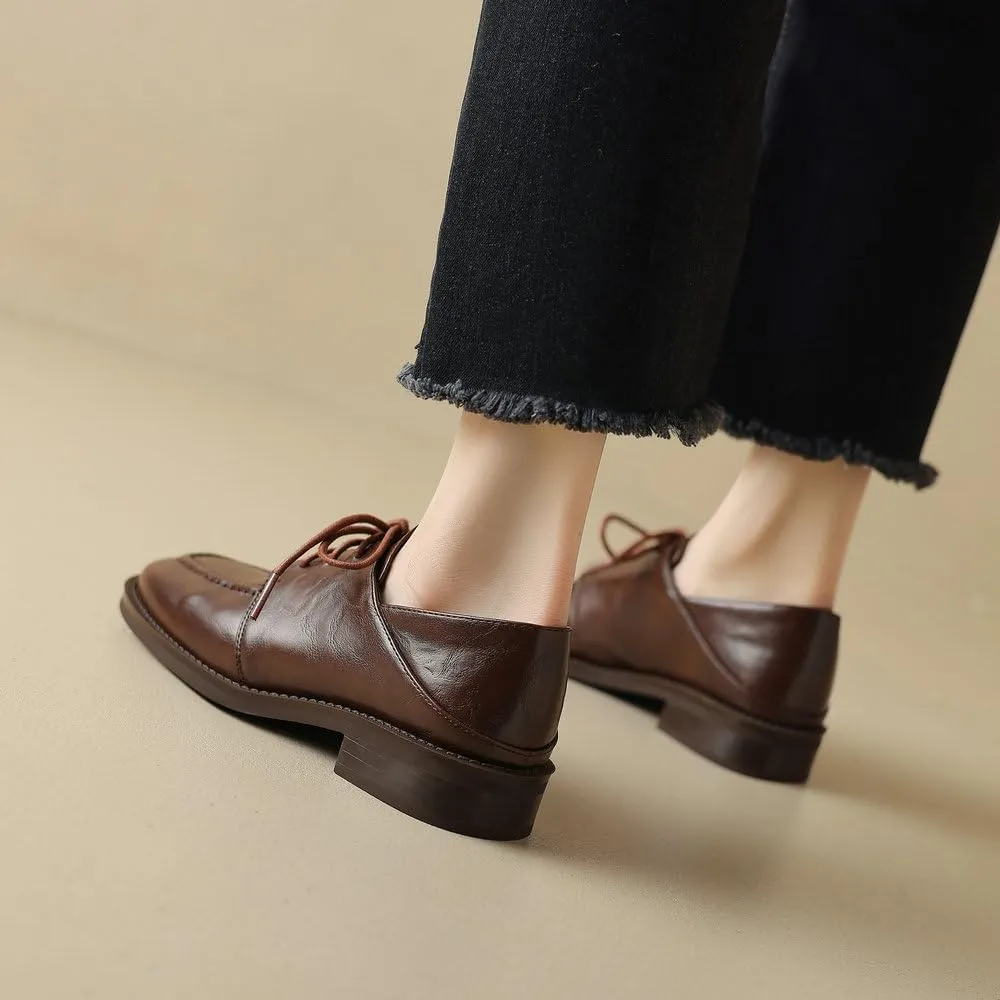 Womens Lace Up Oxfords Shoes Black Brown Retro Round Toe Comfy Low Heel Classic Oxford Brogues Vintage Shoes
