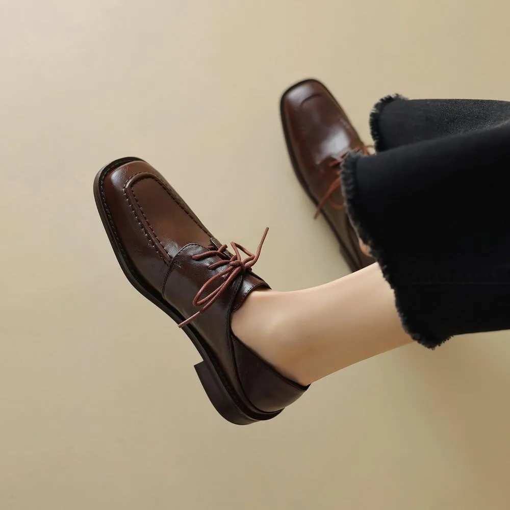 Womens Lace Up Oxfords Shoes Black Brown Retro Round Toe Comfy Low Heel Classic Oxford Brogues Vintage Shoes