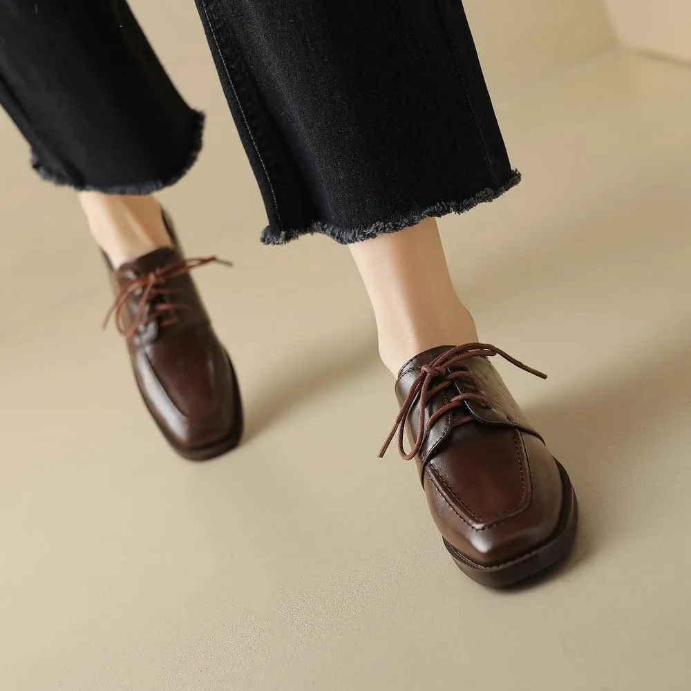 Womens Lace Up Oxfords Shoes Black Brown Retro Round Toe Comfy Low Heel Classic Oxford Brogues Vintage Shoes