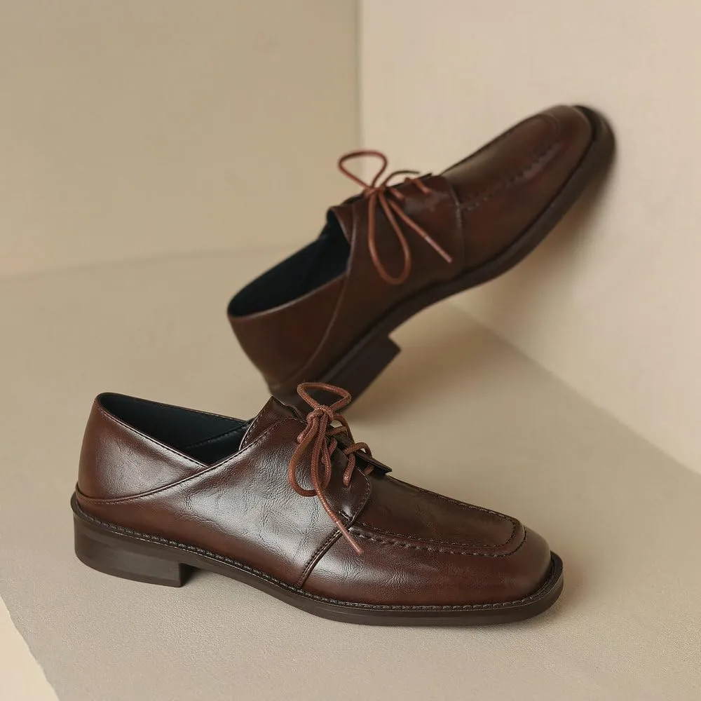 Womens Lace Up Oxfords Shoes Black Brown Retro Round Toe Comfy Low Heel Classic Oxford Brogues Vintage Shoes