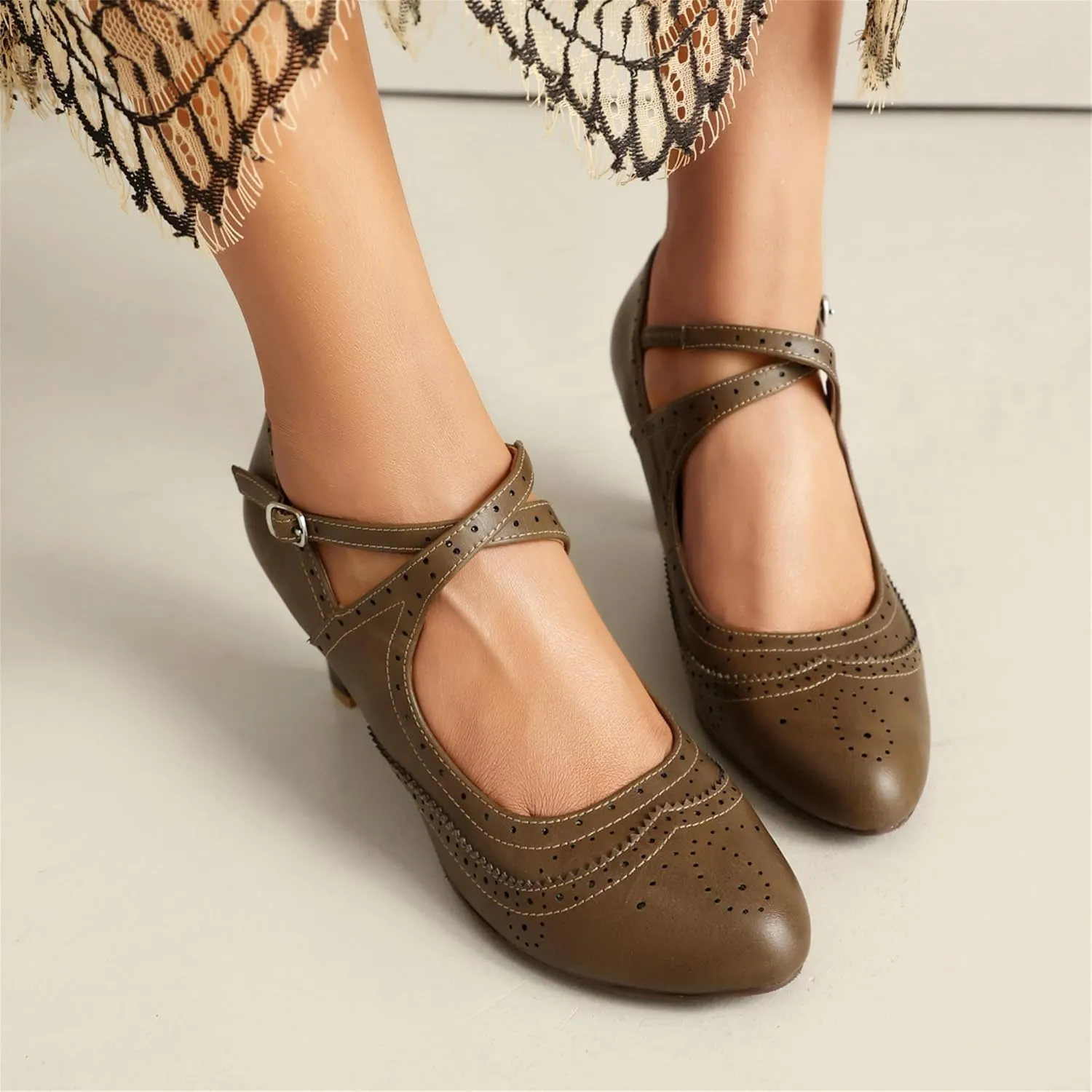 Women's Mary Jane Rockability Oxford Close Round Toe Vintage Wingtip 1950s Heels Ankle Straps Retro 1920s Victorian Pumps Shoes