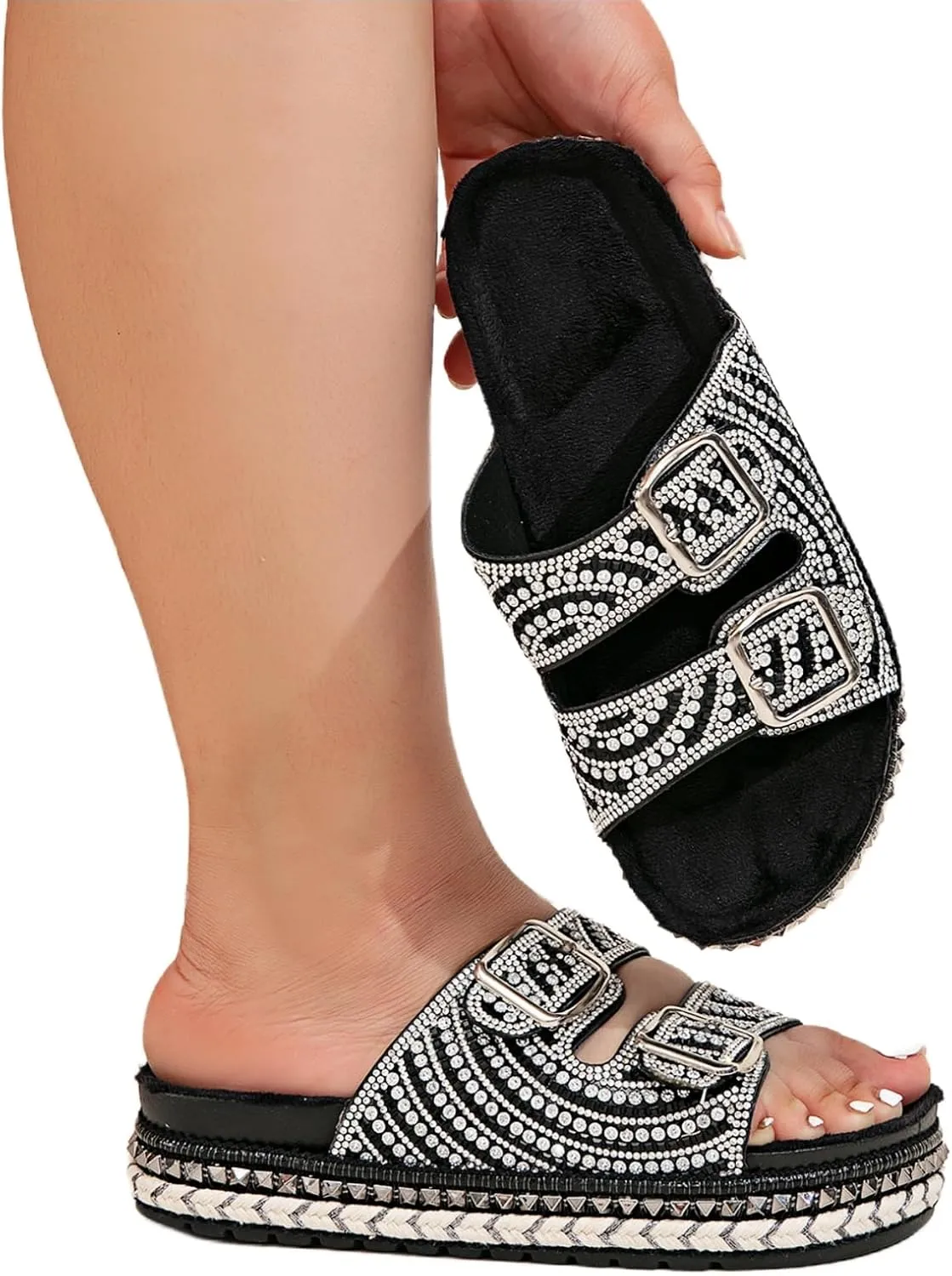 Women'S Rhinestone Thick Soled Sandals Double Button Slip Boots Ethnic Style Design Woven Border