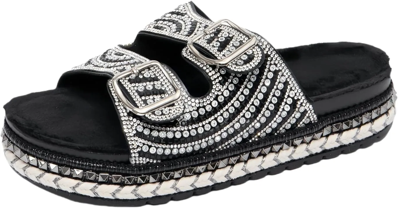 Women'S Rhinestone Thick Soled Sandals Double Button Slip Boots Ethnic Style Design Woven Border