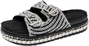 Women'S Rhinestone Thick Soled Sandals Double Button Slip Boots Ethnic Style Design Woven Border