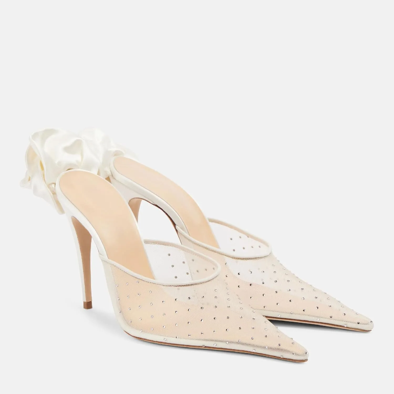 Women's Sexy Rhinestones Mesh Pointed Closed Toe Stiletto Heel Mule Shoes Fashion Back Flowers Slip On High Heel Party Date Dressy Pumps for Summer