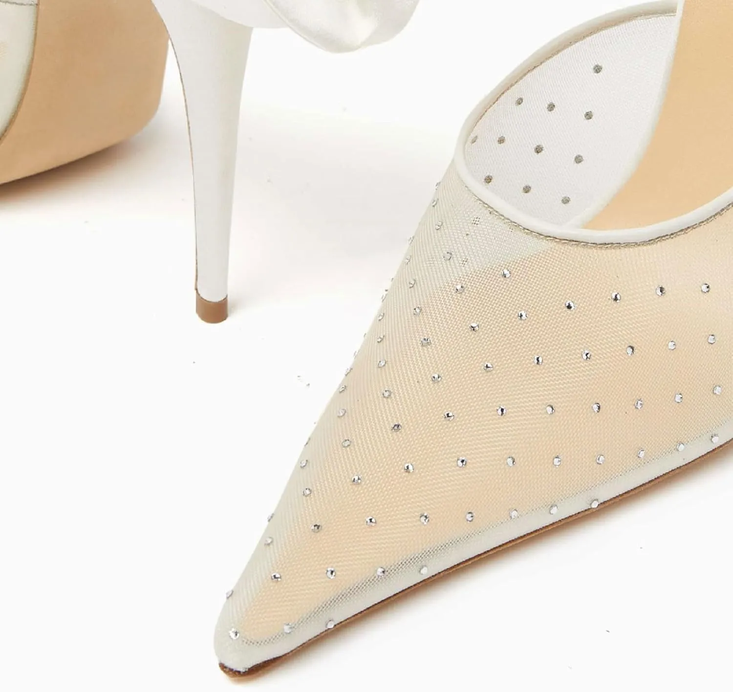 Women's Sexy Rhinestones Mesh Pointed Closed Toe Stiletto Heel Mule Shoes Fashion Back Flowers Slip On High Heel Party Date Dressy Pumps for Summer
