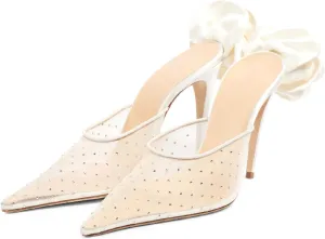 Women's Sexy Rhinestones Mesh Pointed Closed Toe Stiletto Heel Mule Shoes Fashion Back Flowers Slip On High Heel Party Date Dressy Pumps for Summer