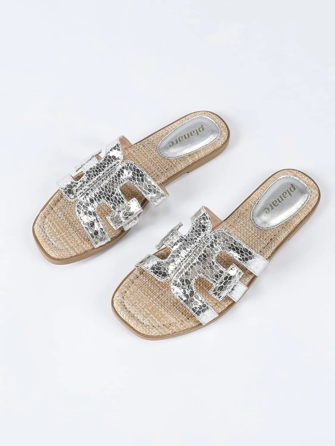 Women's Straw Woven Slide Sandals with Silver Snake-Print Straps - Breathable Flat Comfortable Sandals for Beach, Casual Walking & Summer Outfits