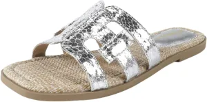 Women's Straw Woven Slide Sandals with Silver Snake-Print Straps - Breathable Flat Comfortable Sandals for Beach, Casual Walking & Summer Outfits