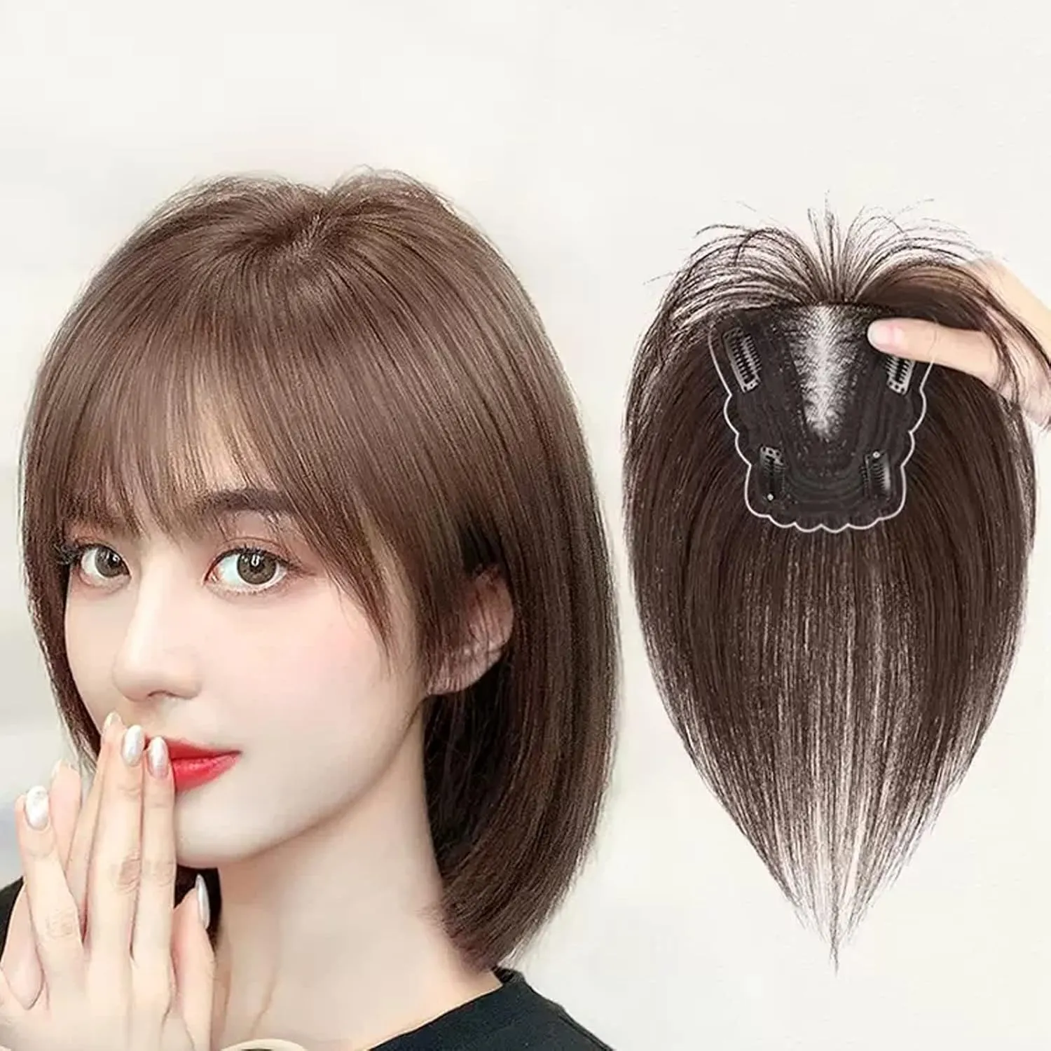 Women's Wig Bangs Wig Piece Full Real Human Hair Patch Fluffy Increase Hair Volume Fluffy Cover Gray Hair Women's Wigs Hair Piece(16-(8-10) 22CM-brown)