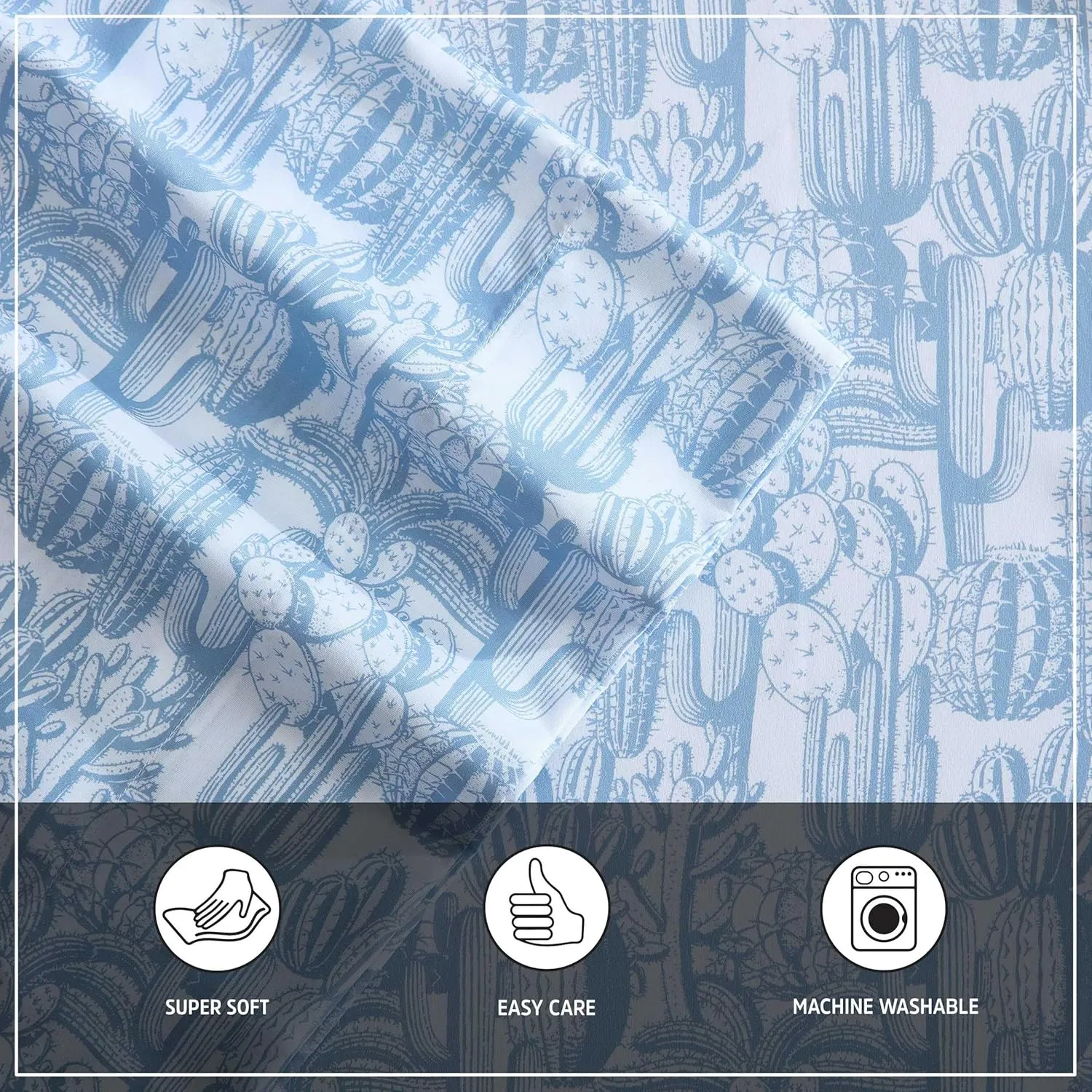 Wrangler - Sheet Set, Breathable & Wrinkle Resistant Bedding with Matching Pillowcases, Yellowstone Inspired, Fully Elasticized (Cactus Toile Blue, Queen)