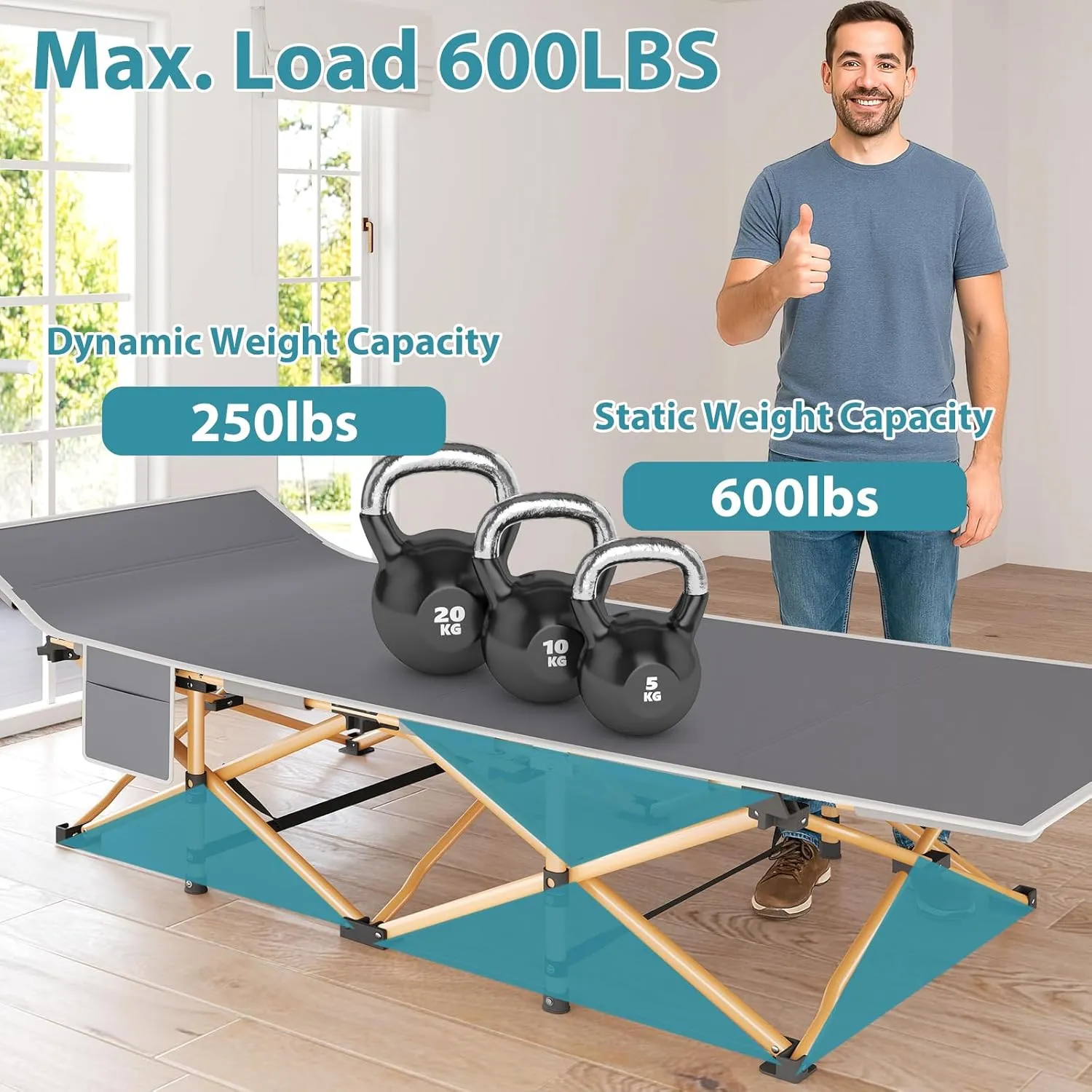 XXL Camping Cot, Camping Bed W/Mattress, 600LBS(Max Load), Portable Folding Outdoor Bed with Carry Bag for Adults Kids, Sleeping Cot Heavy Duty Cot for Traveling, Office Nap, Beach Vocation and Home