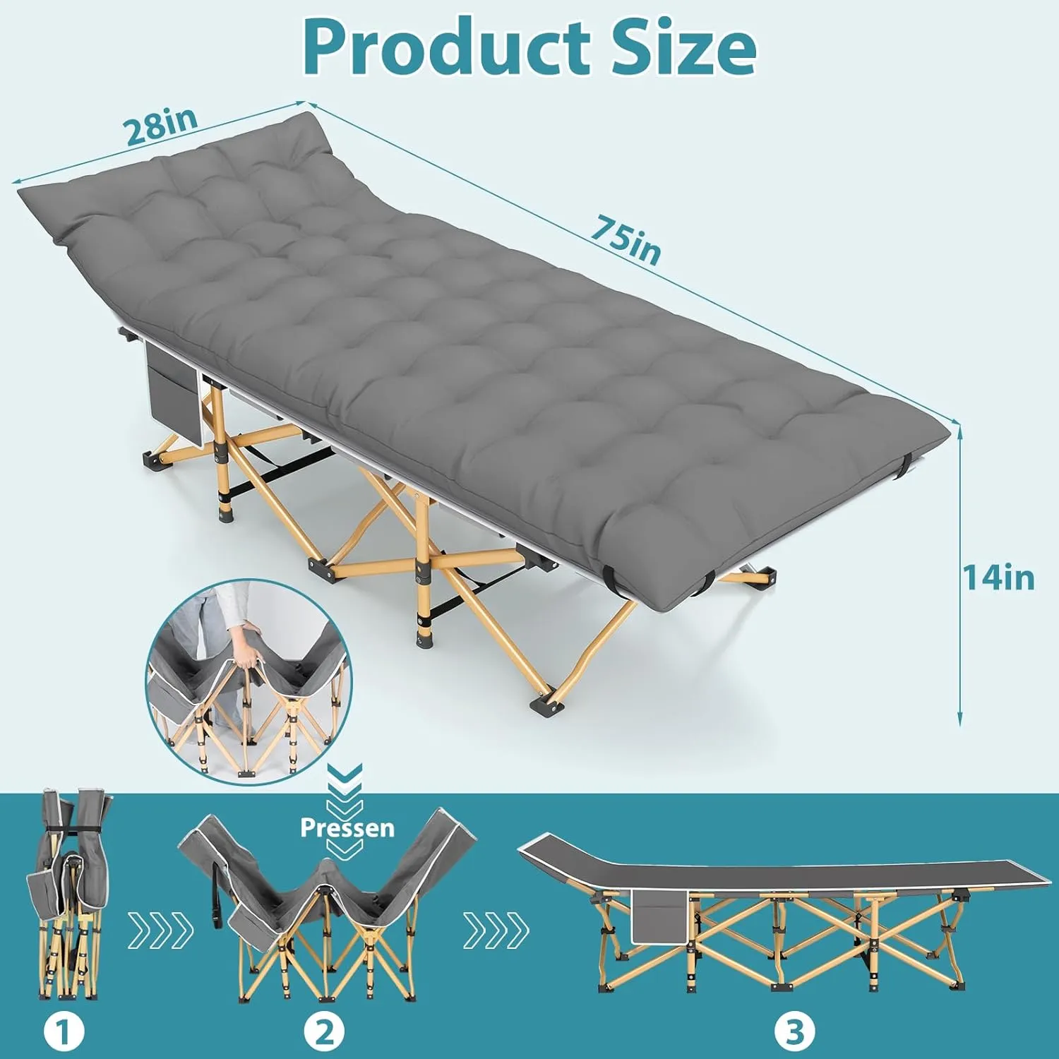 XXL Camping Cot, Camping Bed W/Mattress, 600LBS(Max Load), Portable Folding Outdoor Bed with Carry Bag for Adults Kids, Sleeping Cot Heavy Duty Cot for Traveling, Office Nap, Beach Vocation and Home